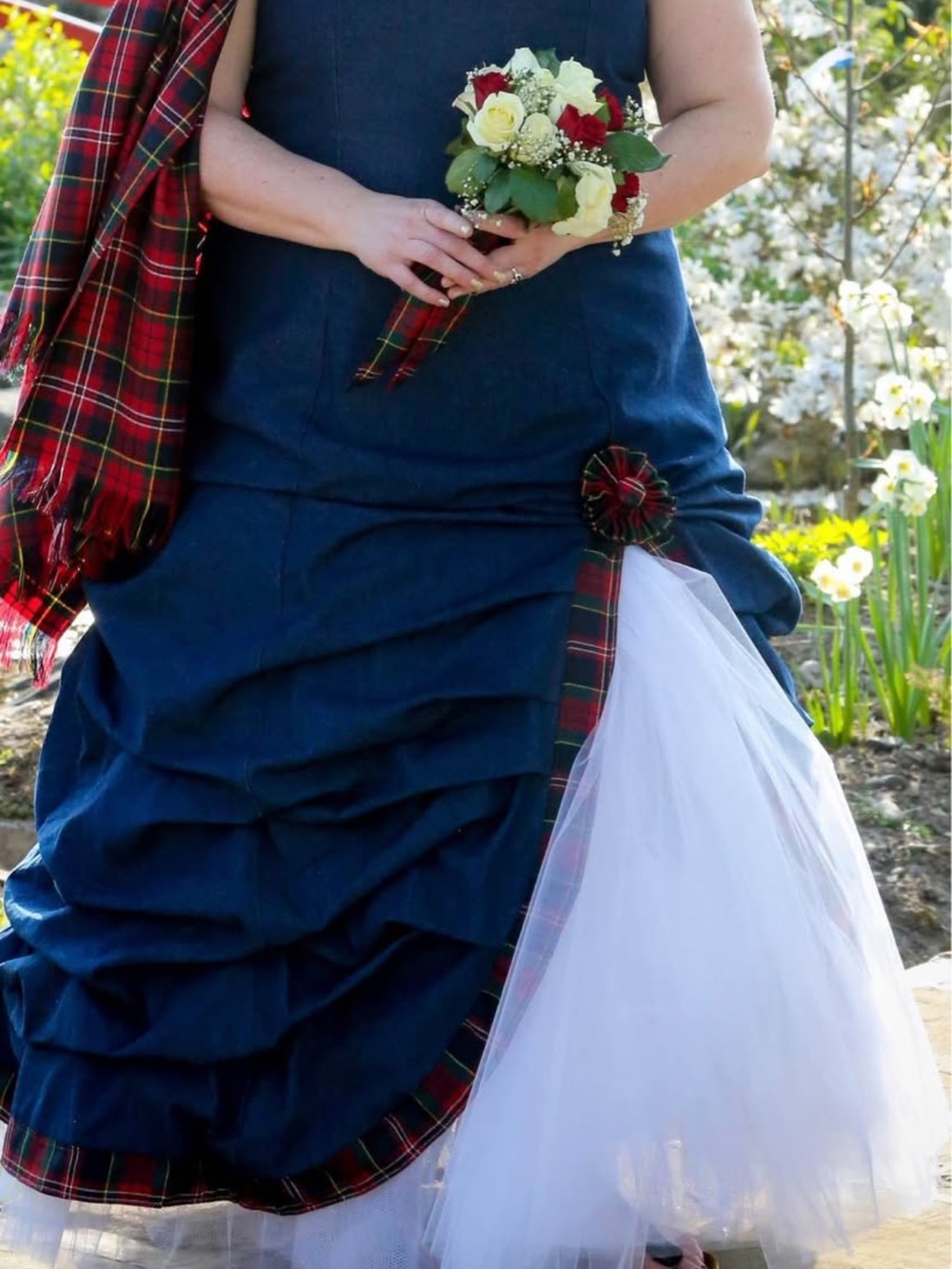 Navy High-Low Dress with Tartan Trim